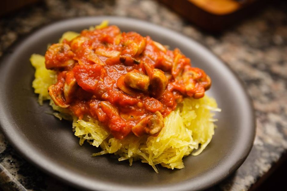 Truffle oil spaghetti squash with savory garlic tomato sauce