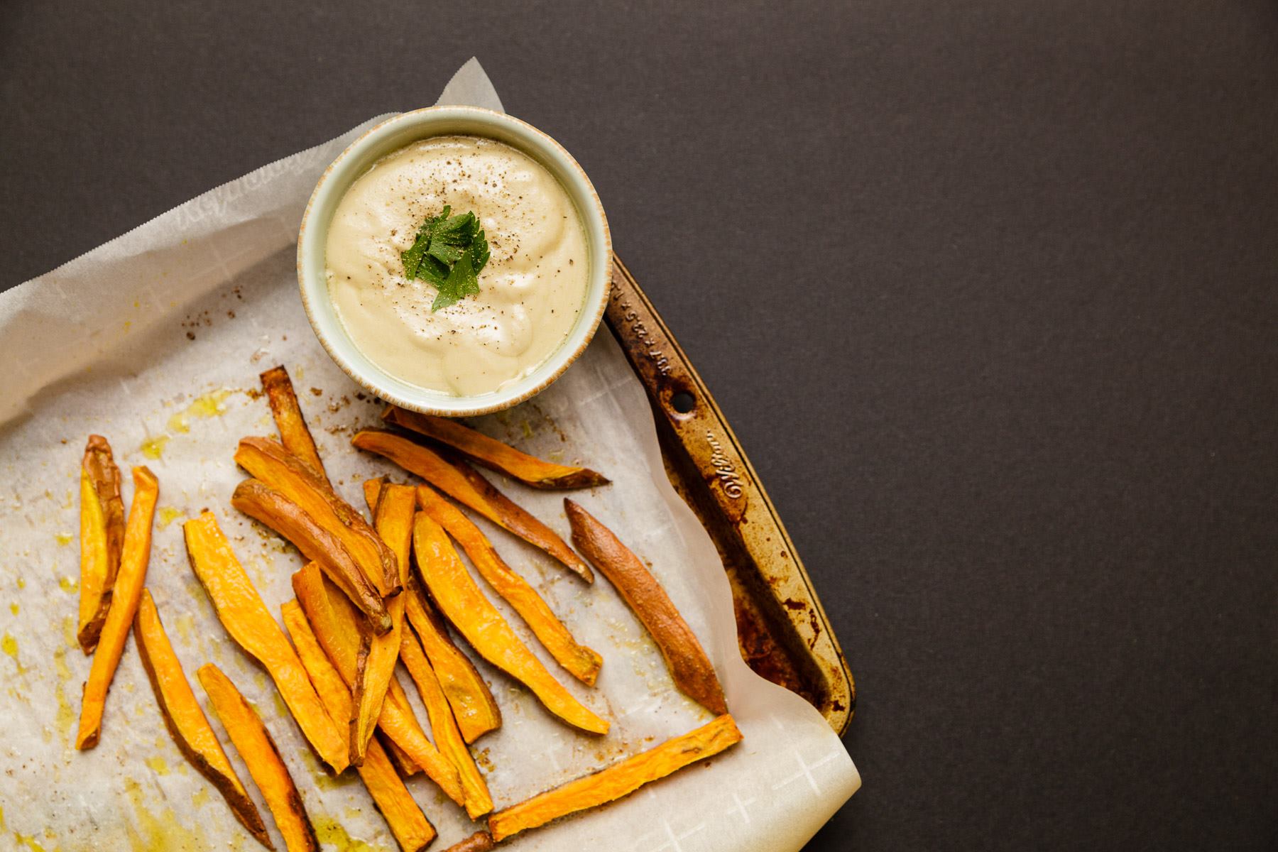 Sweet Potato Fries with Lemony Tahini Sauce