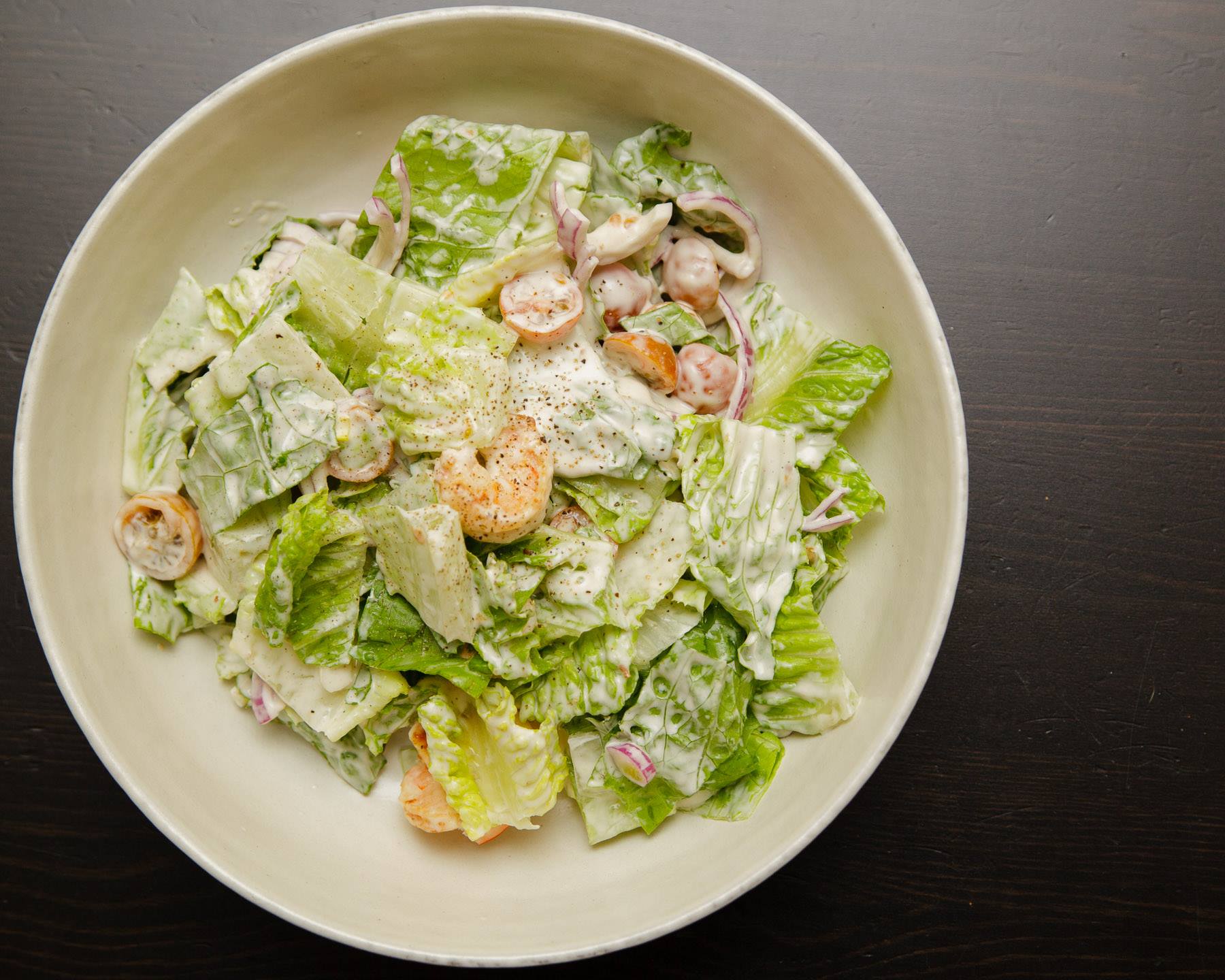 Crispy Romaine & Grilled Shrimp Salad With Tahini Dressing