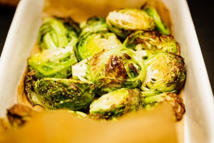 ROASTED BRUSSELS SPROUTS WITH MAPLE MISO DRESSING