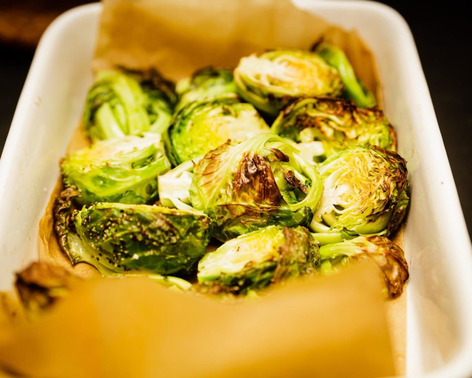 ROASTED BRUSSELS SPROUTS WITH MAPLE MISO DRESSING